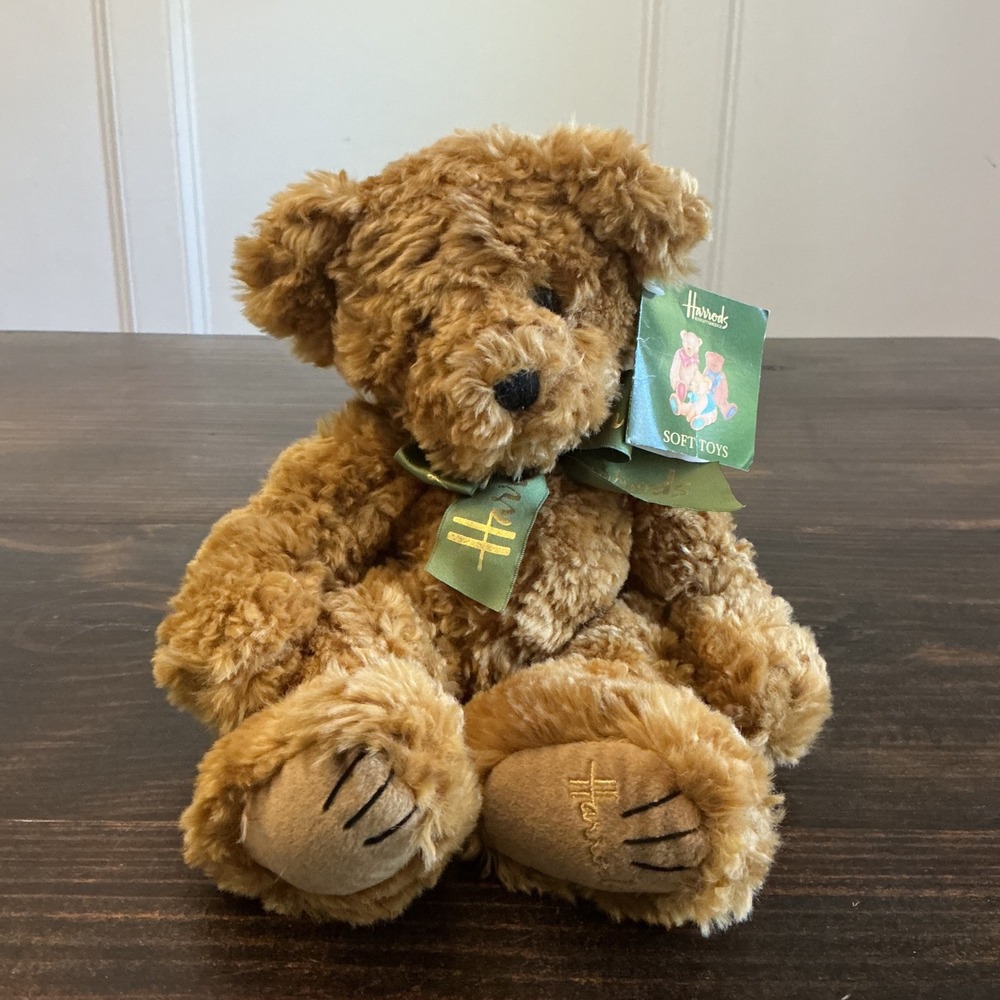 Harrods Knightsbridge Teddy Bear Brown Shaggy Plush Green Ribbon NWT Collector